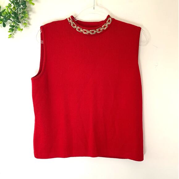 Vintage St. John Red Knit Sleeveless Sweater Tank Gold Chain Neck Medium - Picture 1 of 6